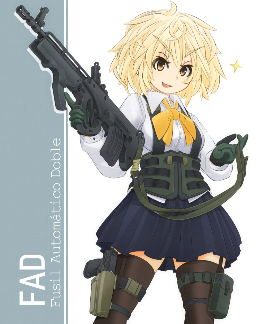 1girl, assault_rifle, black_thighhighs, blonde_hair, blouse, blue_skirt, bow, bowtie