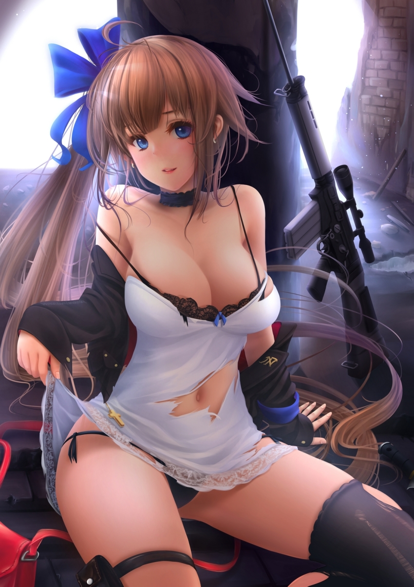 1girl, anakin_sky_(utcc), bag, bare_shoulders, battle_rifle, black_bra, black_jacket, black_panties