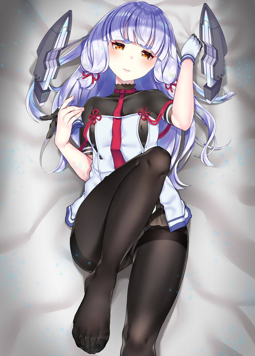 1girl, absurdres, bed_sheet, blush, breasts, buta_tamako, closed_mouth, collarbone, covered_erect_nipples, embarrassed, feet, gloves, head_tilt, headgear, highres, holding_glove, holding_gloves, holding_unworn_clothes, kantai_collection, leg_up, light_particles, long_hair, looking_at_viewer, lying, medium_breasts, murakumo_(kancolle), necktie, on_back, panties, panties_under_pantyhose, pantyhose, red_neckwear, remodel_(kantai_collection), sheet_grab, sidelocks, single_glove, thick_eyebrows, thighband_pantyhose, underwear, unworn_gloves, white_hair, yellow_eyes