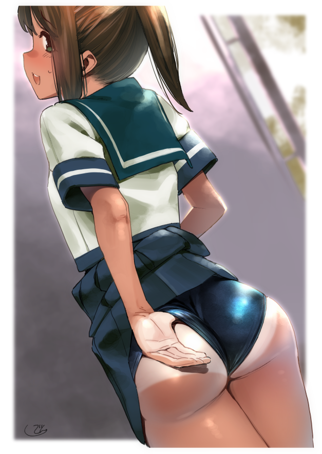 1girl, adjusting_clothes, adjusting_swimsuit, ass, blue_one-piece_swimsuit, blue_sailor_collar, blue_skirt, brown_eyes, brown_hair, clothes_lift, cowboy_shot, dutch_angle, female_focus, huge_ass, i-401_(kancolle), kantai_collection, lifting_own_clothes, one-piece_swimsuit, one-piece_tan, pleated_skirt, ponytail, sailor_collar, school_swimsuit, school_uniform, serafuku, shiden_(sashimi_no_wife), short_hair, skirt, skirt_lift, solo, swimsuit, swimsuit_under_clothes, tan, tanline, wedgie