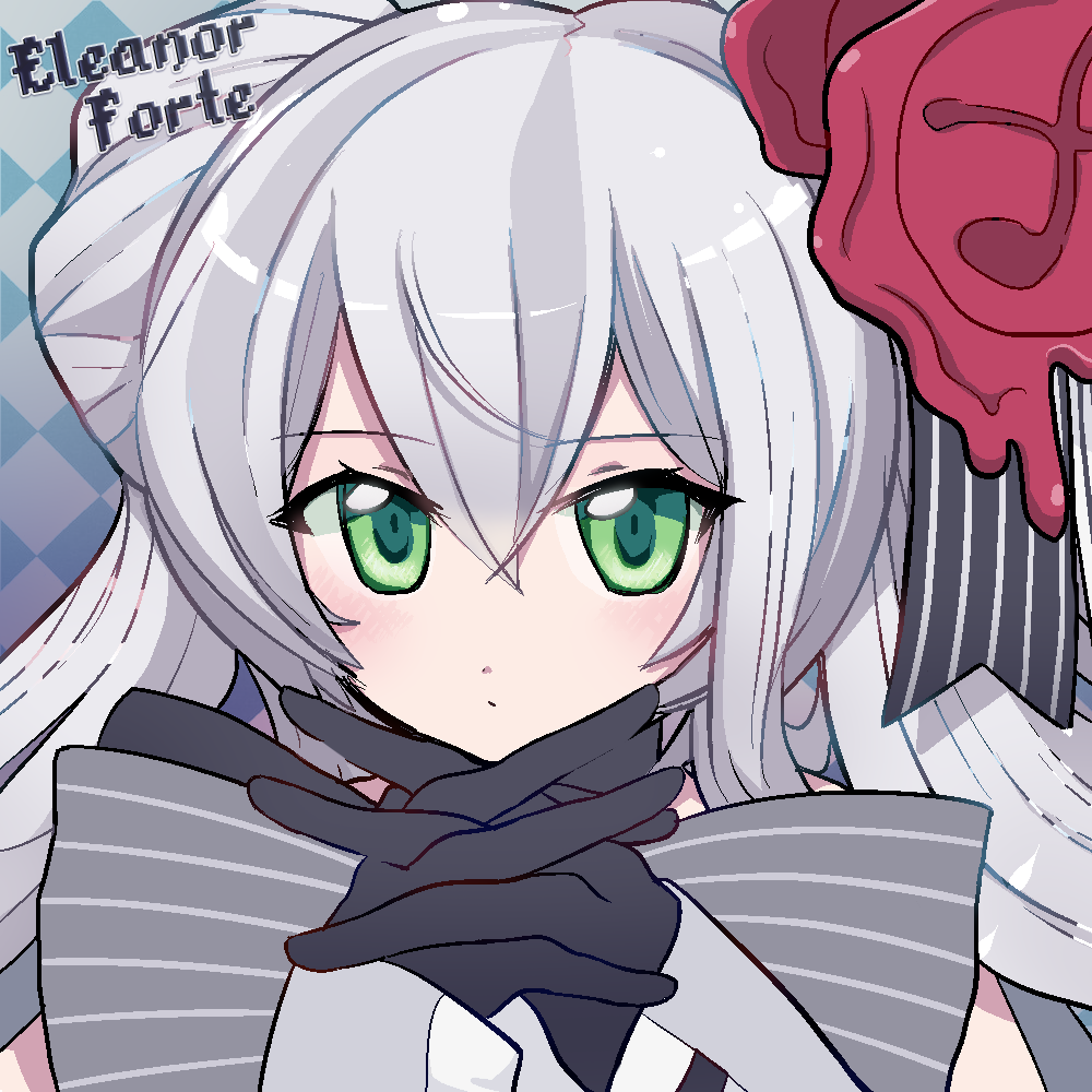 1girl, black_gloves, blue_background, character_name, checkered_background, eleanor_forte, female_focus, gloves