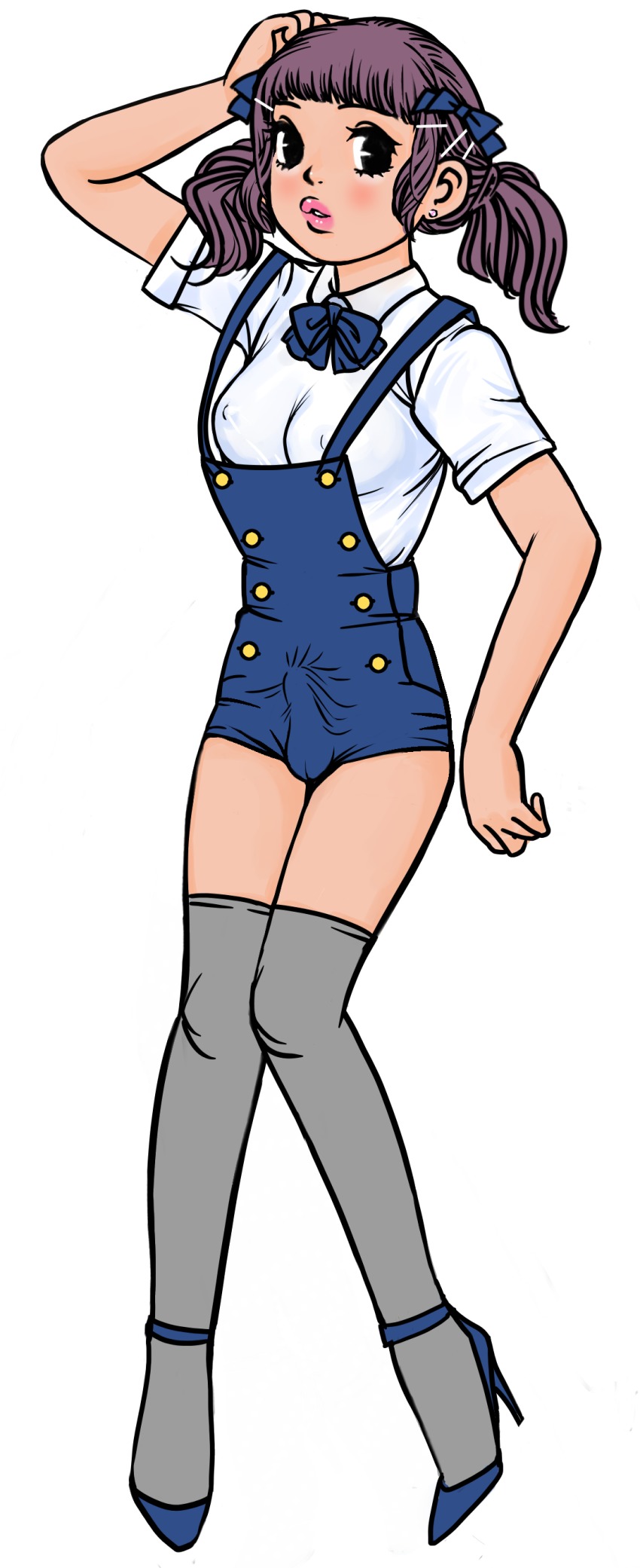 1futa, absurdres, blue_bow, blue_shoes, bow, breasts, bulge, cleavage