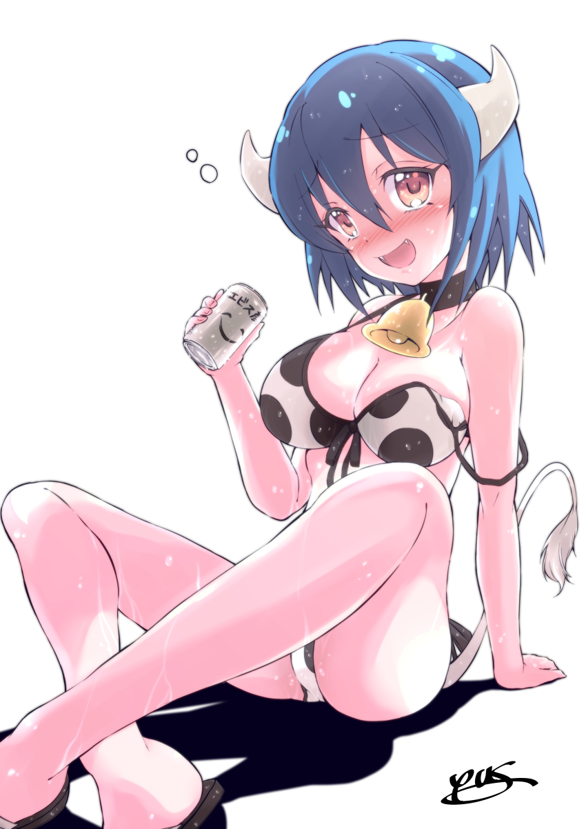 absurdres, animal_print, backlighting, bad_id, bad_pixiv_id, beer_can, bell, bikini, blue_hair, blush, breasts, can, cleavage, cow_horns, cow_print, cowbell, drink_can, drunk, fangs, front-tie_bikini_top, front-tie_top, hair_between_eyes, highres, horns, jashin-chan_dropkick, large_breasts, looking_at_viewer, minos_(jashin-chan_dropkick), neck_bell, off_shoulder, print_bikini, red_eyes, simple_background, smile, solo, swimsuit, white_background, yuuki_shushu
