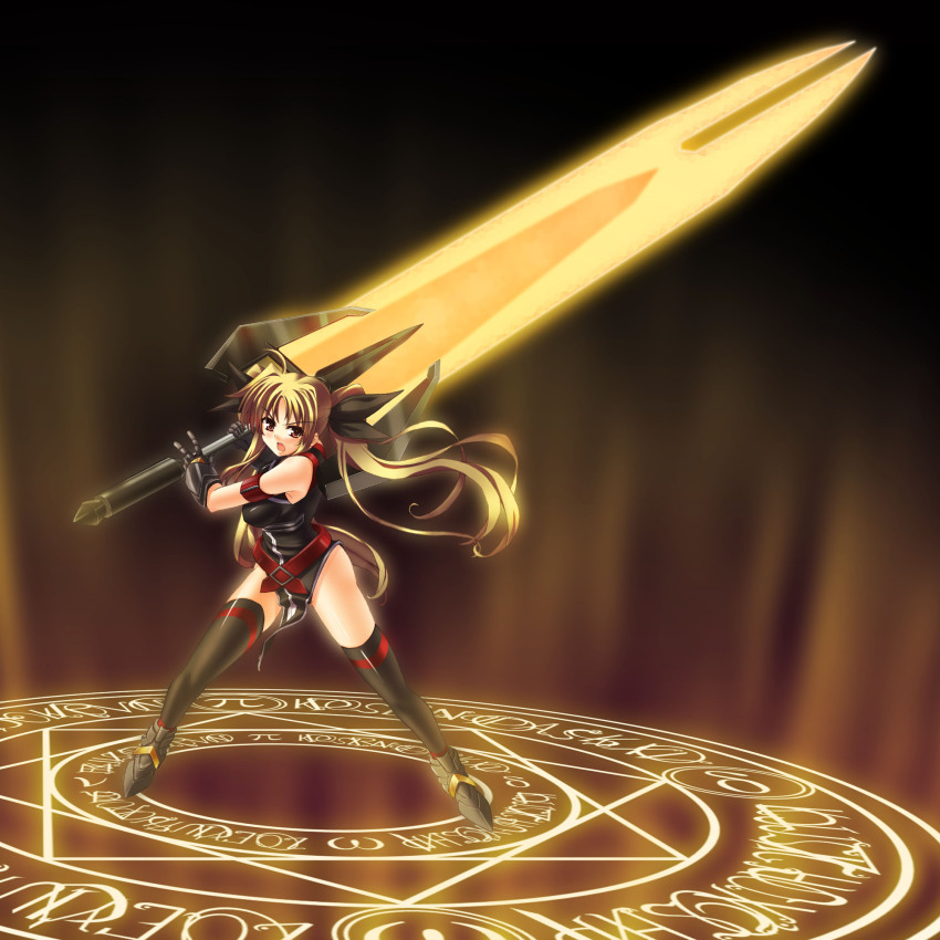 00s, 1girl, angry, bardiche_(nanoha), bardiche_(zanber_form)_(nanoha), blonde_hair, blush, energy_sword, fate_testarossa, fate_testarossa_(true_sonic_form), female_focus, gauntlets, gloves, hair_ribbon, highres, huge_weapon, iga_tamaki, leotard, long_hair, looking_at_viewer, lyrical_nanoha, magic_circle, mahou_shoujo_lyrical_nanoha_strikers, octagram, on_magic_circle, open_mouth, red_eyes, ribbon, solo, standing, standing_on_magic_circle, star_of_lakshmi, sword, thighhighs, twintails, very_long_hair, weapon