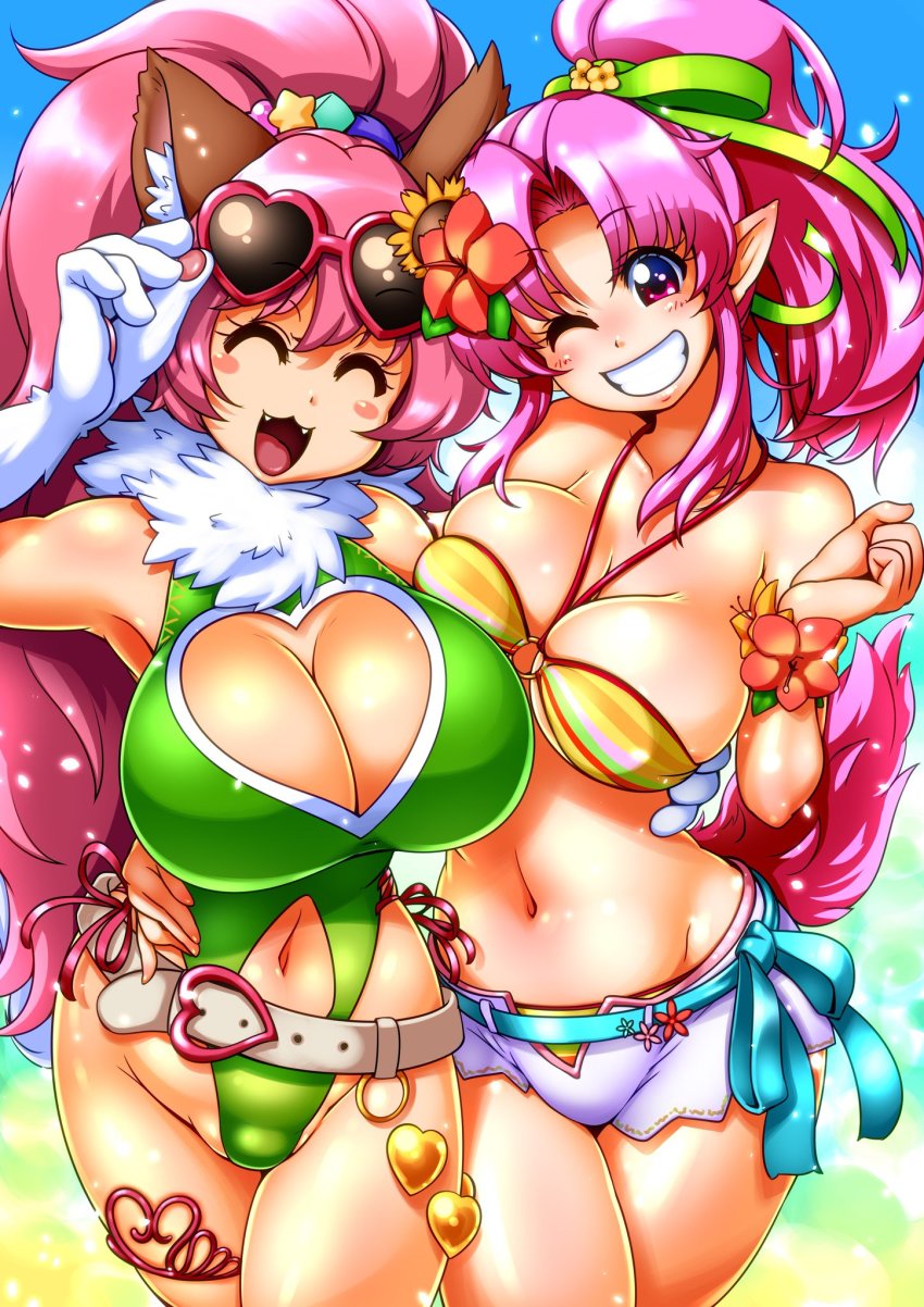 2girls, animal_ears, bare_legs, bare_shoulders, breast_press, breasts, cat_ears, cat_girl, character_request, cleavage, cleavage_cutout, clothing_cutout, curvy, fangs, female_focus, happy, heart_cutout, highleg, highleg_leotard, highres, hug, large_breasts, leotard, long_hair, looking_at_viewer, millie_chliette, multiple_girls, one_eye_closed, open_mouth, paw_print, perisie_(star_ocean), pink_hair, pointy_ears, ponytail, ryoi, shiny_skin, shorts, simple_background, smile, star_ocean, star_ocean:_first_departure, tail, thick_thighs, thighhighs, thighs, very_long_hair, wink