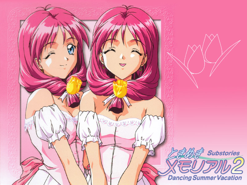 1990s_(style), 2girls, ^_^, blue_eyes, breasts, cleavage, closed_eyes, earrings