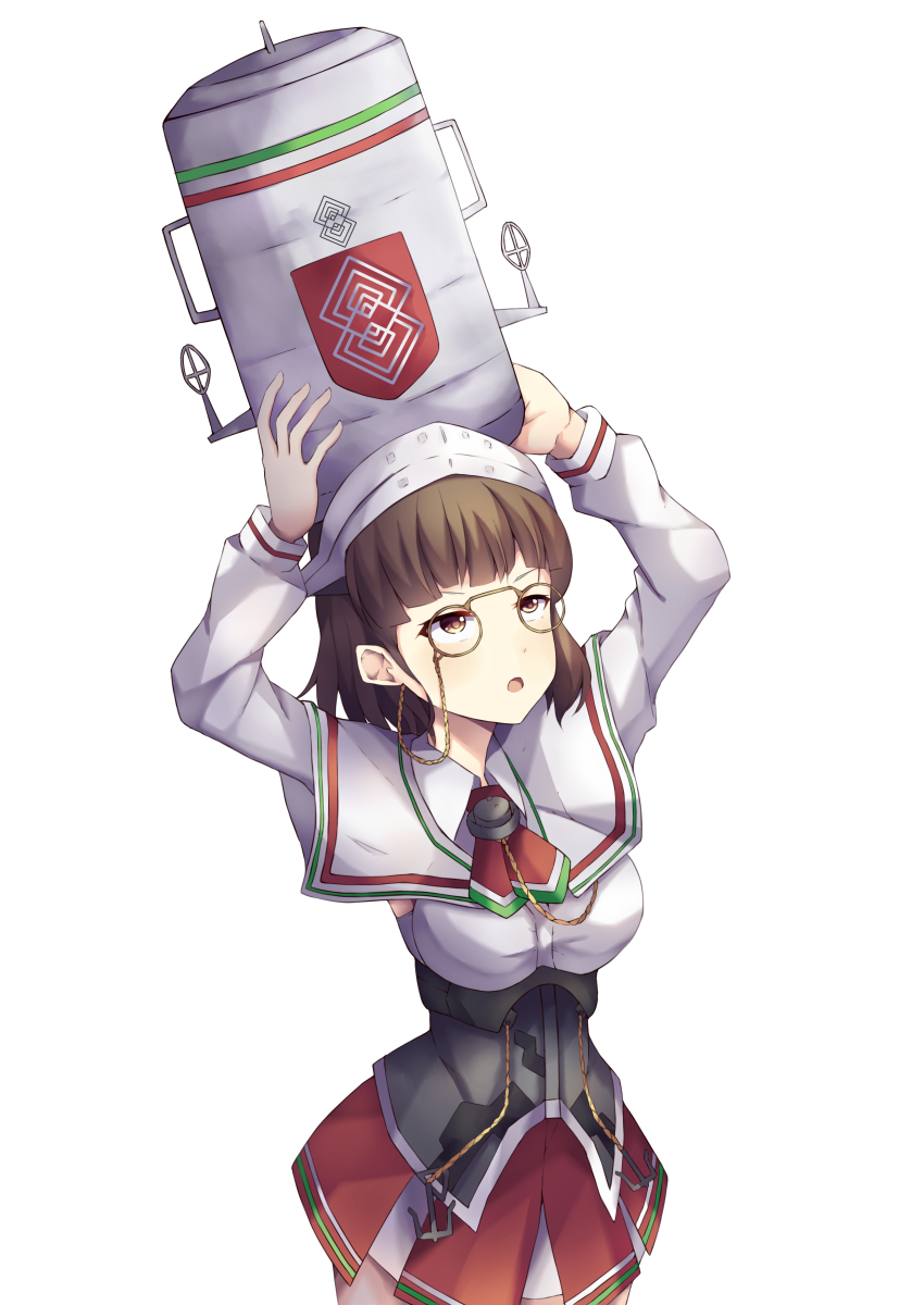 absurdres, breasts, cane, confused, english_text, eyewear_strap, farmuhan_(artist), hand_up, hat, highres, kantai_collection, roma_(kancolle), self-upload, simple_background, solo, standing, white_background, white_hat, world_of_warships