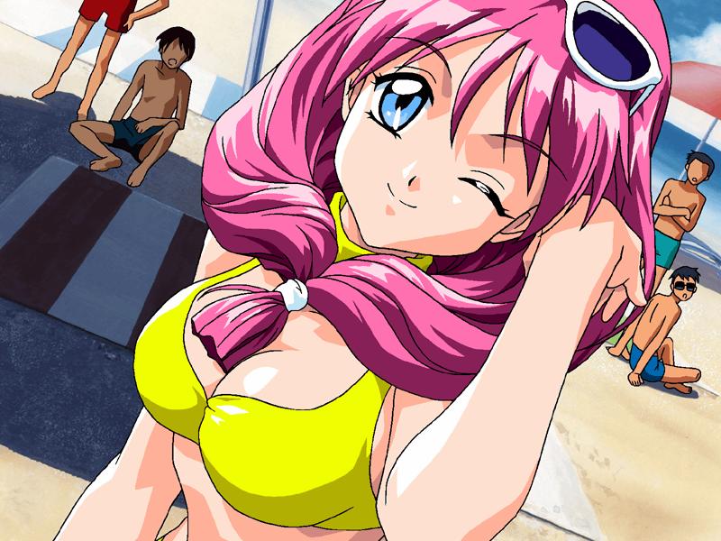 1990s_(style), 1girl, 4boys, adjusting_hair, beach, bikini, blue_eyes, breasts