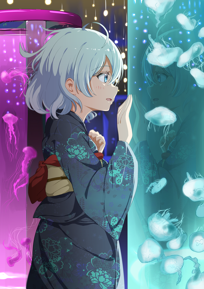 1girl, against_glass, ahoge, animal, aquarium, blue_eyes, blue_hair, blue_kimono