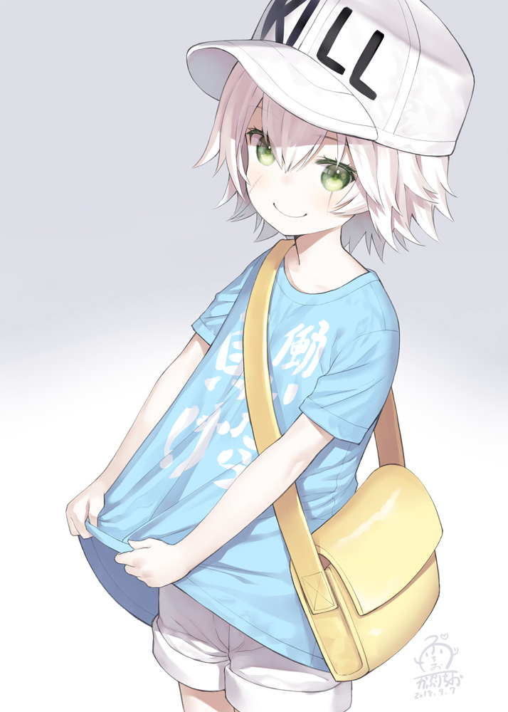 10s, 1girl, bag, baseball_cap, blue_shirt, blush, capriccio, closed_mouth