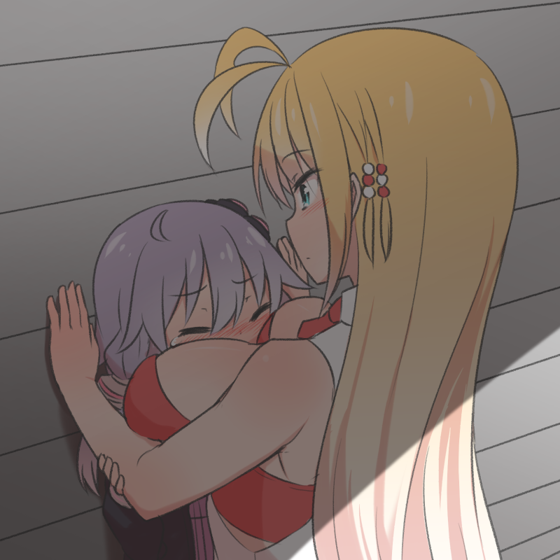 2girls, ahoge, antenna_hair, aqua_eyes, between_breasts, blonde_hair, blush, breast_smother