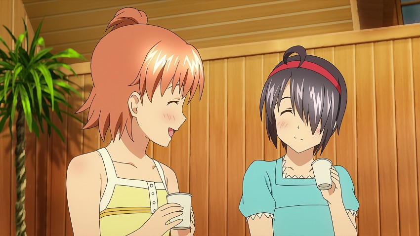 2girls, animated, animated_gif, black_hair, blush, brown_hair, cup, closed_eyes
