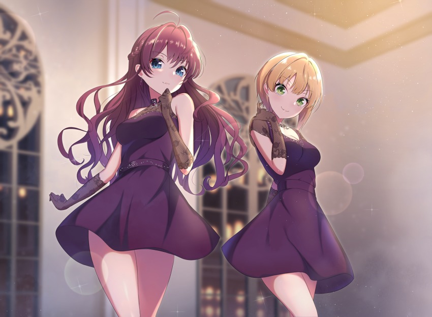 2girls, ahoge, black_gloves, blonde_hair, blue_eyes, breasts, brown_hair, cleavage