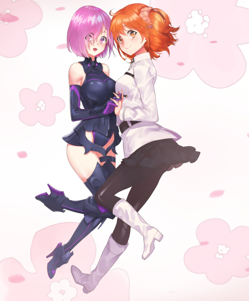 2girls, :d, armored_boots, aruze, bad_id, bad_pixiv_id, bare_shoulders, belt