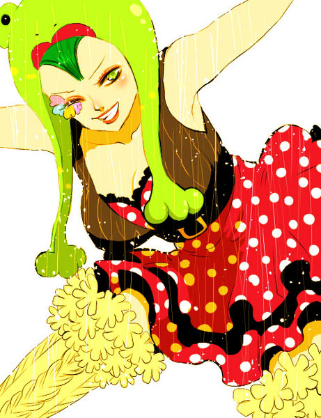 1girl, ;d, alabasta, animal_hat, armpits, bare_shoulders, belt, blush, breasts, dress, dripping, dutch_angle, eri_(harumachi), female_focus, frog, green_eyes, green_hair, grin, hat, image_sample, layered_skirt, looking_at_viewer, matching_hair/eyes, md5_mismatch, miss_father's_day, one_eye_closed, one_piece, open_mouth, outstretched_arms, pixiv_sample, polka_dot, polka_dot_dress, polka_dot_skirt, rain, resized, resolution_mismatch, simple_background, skirt, smile, solo, source_larger, spread_arms, spread_legs, standing, teeth, thighhighs, vest, wet, white_background, wink, yellow_thighhighs