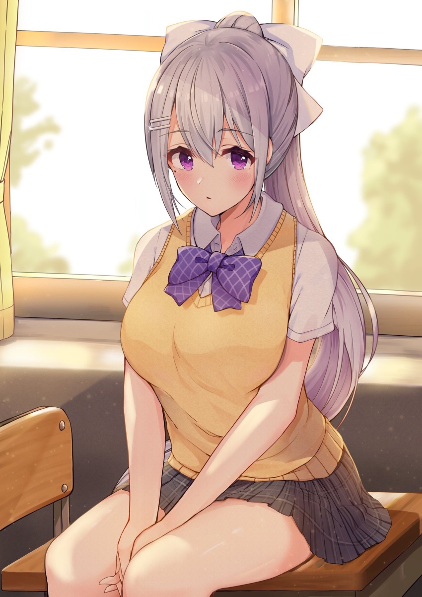 1girl, between_legs, blurry, blurry_background, bow, breasts, chair, collared_shirt