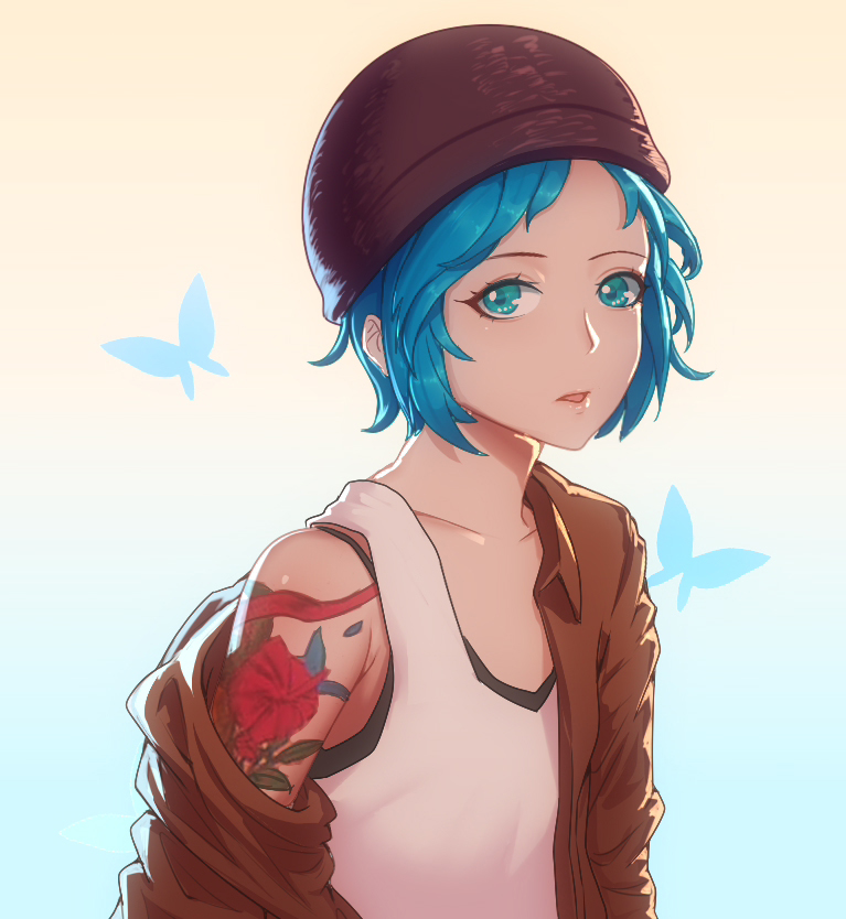 1girl, arm_tattoo, beanie, blue_eyes, blue_hair, brown_jacket, bug, butterfly