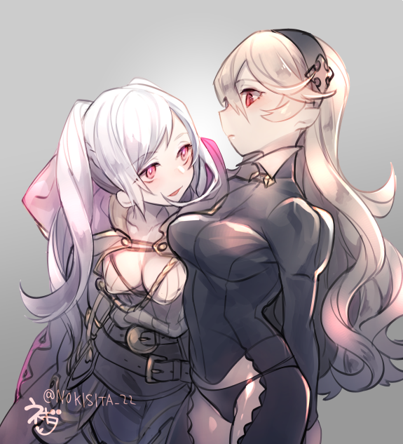 2girls, bad_id, bad_pixiv_id, commentary_request, dark_persona, evil_smile, female_corrin_(fire_emblem), female_robin_(fire_emblem)