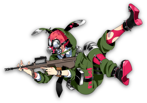 1boy, animal_hood, ankle_boots, armor, asymmetrical_clothes, bandaid, belga_(senjuushi), boots, bullpup, gas_mask, gun, high_heel_boots, high_heels, holding, holding_gun, holding_weapon, hood, hood_up, jumpsuit, kinako_(marubotan), lowres, male_focus, mask, necktie, official_art, pink_hair, rabbit_hood, senjuushi:_the_thousand_noble_musketeers, senjuushi_(series), short_hair, shoulder_armor, solo, tachi-e, thigh_strap, transparent_background, unzipped, weapon