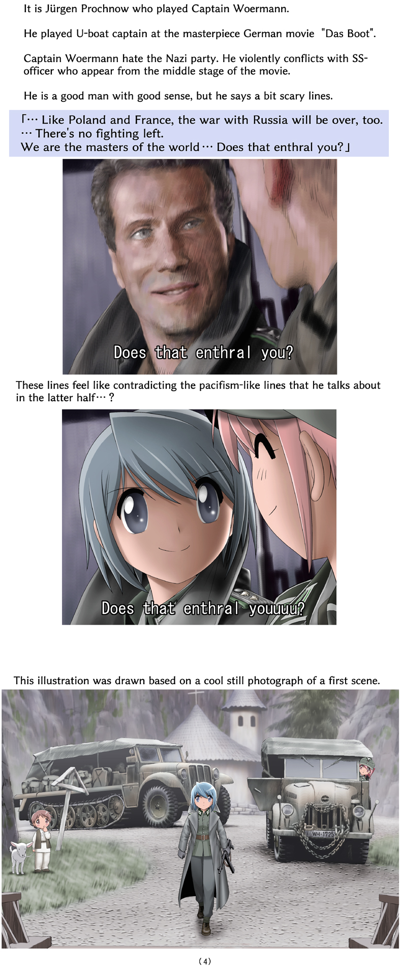 alternate_language, blue_hair, boots, caterpillar_tracks, coat, combat_boots, comic, dog, emblem, english_text, engrish_text, garrison_cap, german_clothes, german_text, gun, hat, highres, jurgen_prochnow, kaname_madoka, kaname_tatsuya, mahou_shoujo_madoka_magica, mahou_shoujo_madoka_magica_(anime), miki_sayaka, military, military_truck, military_uniform, military_vehicle, motor_vehicle, mp40, multiple_girls, pink_hair, ranguage, reichsadler, rifle, sd.kfz.10, shingyouji_tatsuya, smile, soldier, steeple, submachine_gun, the_keep_(1983), totenkopf, trench_coat, truck, weapon, world_war_ii