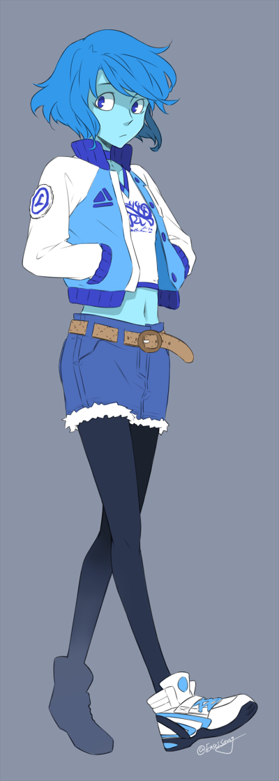 1girl, adidas, alternate_costume, belt, black_pantyhose, blue_eyes, blue_hair, blue_skin, bob_cut, casual, colored_skin, crop_top, denim, denim_skirt, enseisong, female_focus, grey_background, hands_in_pockets, jacket, lapis_lazuli_(steven_universe), letterman_jacket, light_frown, looking_at_viewer, midriff, navel, pantyhose, raglan_sleeves, shoes, short_hair, simple_background, skirt, sneakers, solo, steven_universe, walking