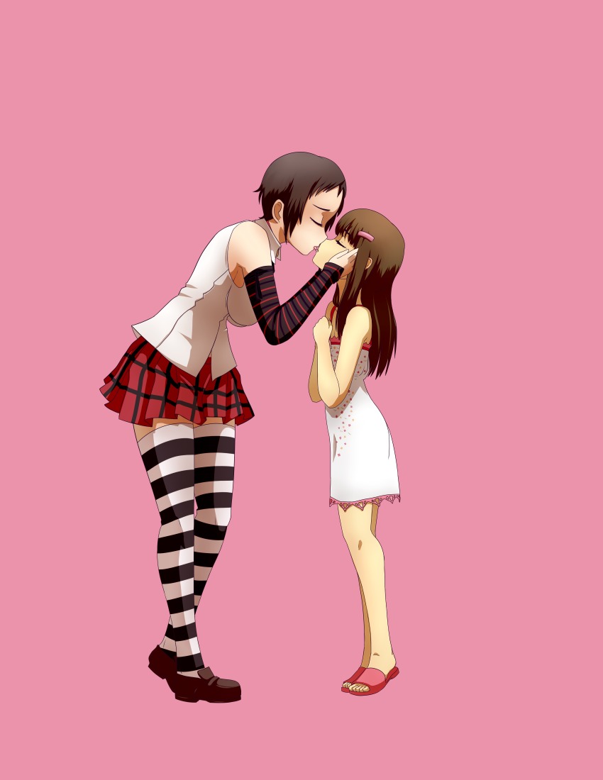 2girls, absurdres, age_difference, alternate_costume, alternate_hair_length, alternate_hairstyle, arm_warmers, black_neckwear