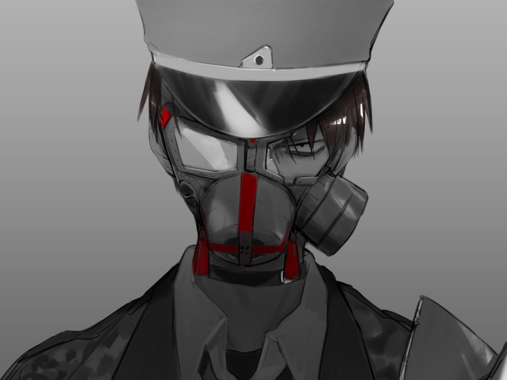 1boy, 89_(senjuushi), black_eyes, broken_glass, broken_mask, brown_hair, choker, gas_mask, glass, hat, looking_at_viewer, male_focus, mask, military, military_uniform, peaked_cap, short_hair, sidu_(dsd_kgn), soldier, solo, spot_color