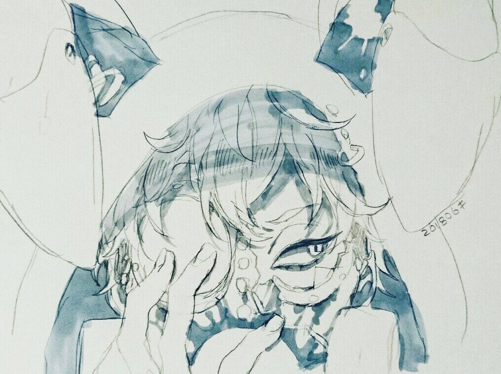 1boy, animal_hood, belga_(senjuushi), broken_glass, broken_mask, eyelashes, eyeliner, gas_mask