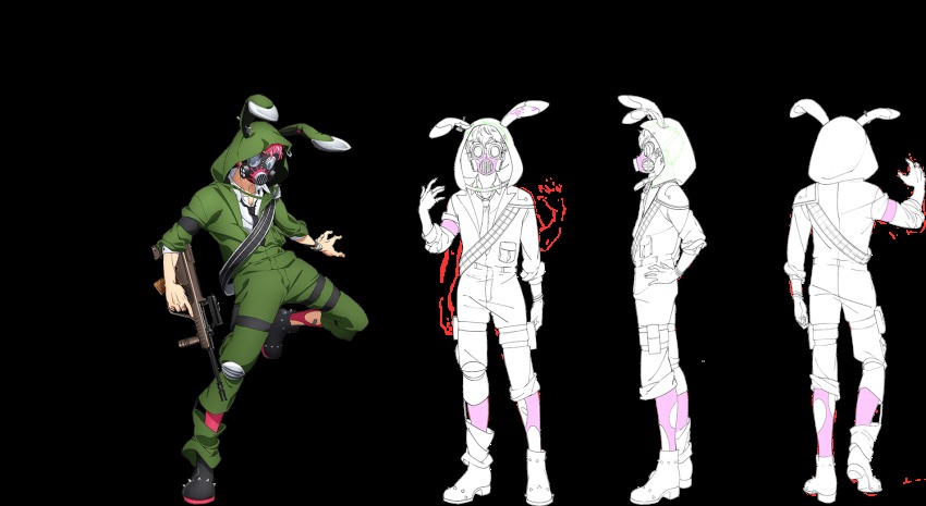 animal_hood, ankle_boots, assault_rifle, asymmetrical_clothes, belga_(senjuushi), boots, bracelet, bullpup