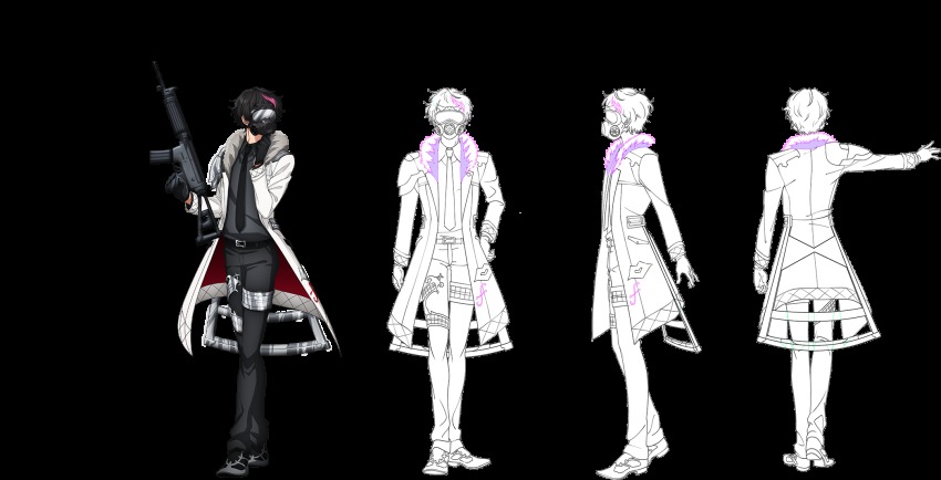 armor, black_footwear, black_gloves, black_hair, coat, concept_art, f_(senjuushi), from_behind