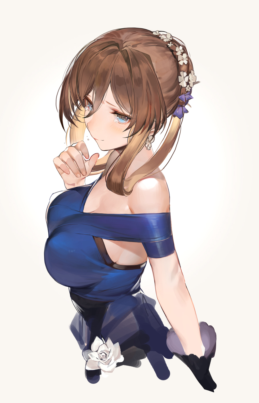 1girl, alternate_eye_color, alternate_hairstyle, bare_shoulders, beige_background, blue_dress, blue_eyes, blush