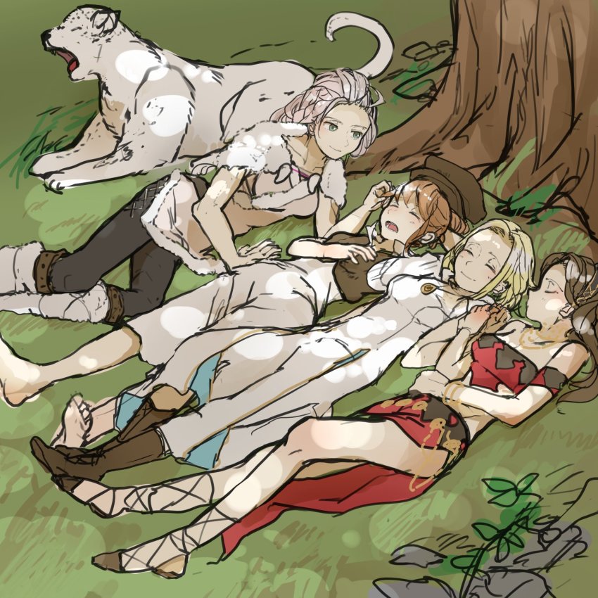 animal, barefoot, blonde_hair, bracelet, braid, braided_ponytail, brown_hair, dancer