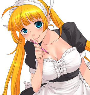 1girl, ahoge, blonde_hair, blue_eyes, blunt_bangs, blush, breasts, cleavage