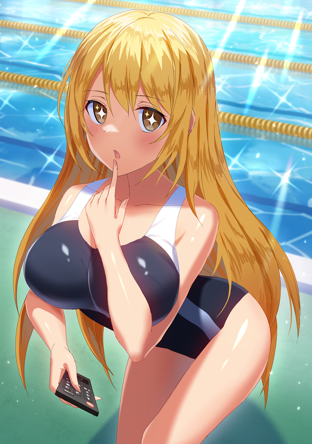 +_+, 10s, 1girl, 2018, bare_arms, bare_shoulders, black_one-piece_swimsuit, blonde_hair