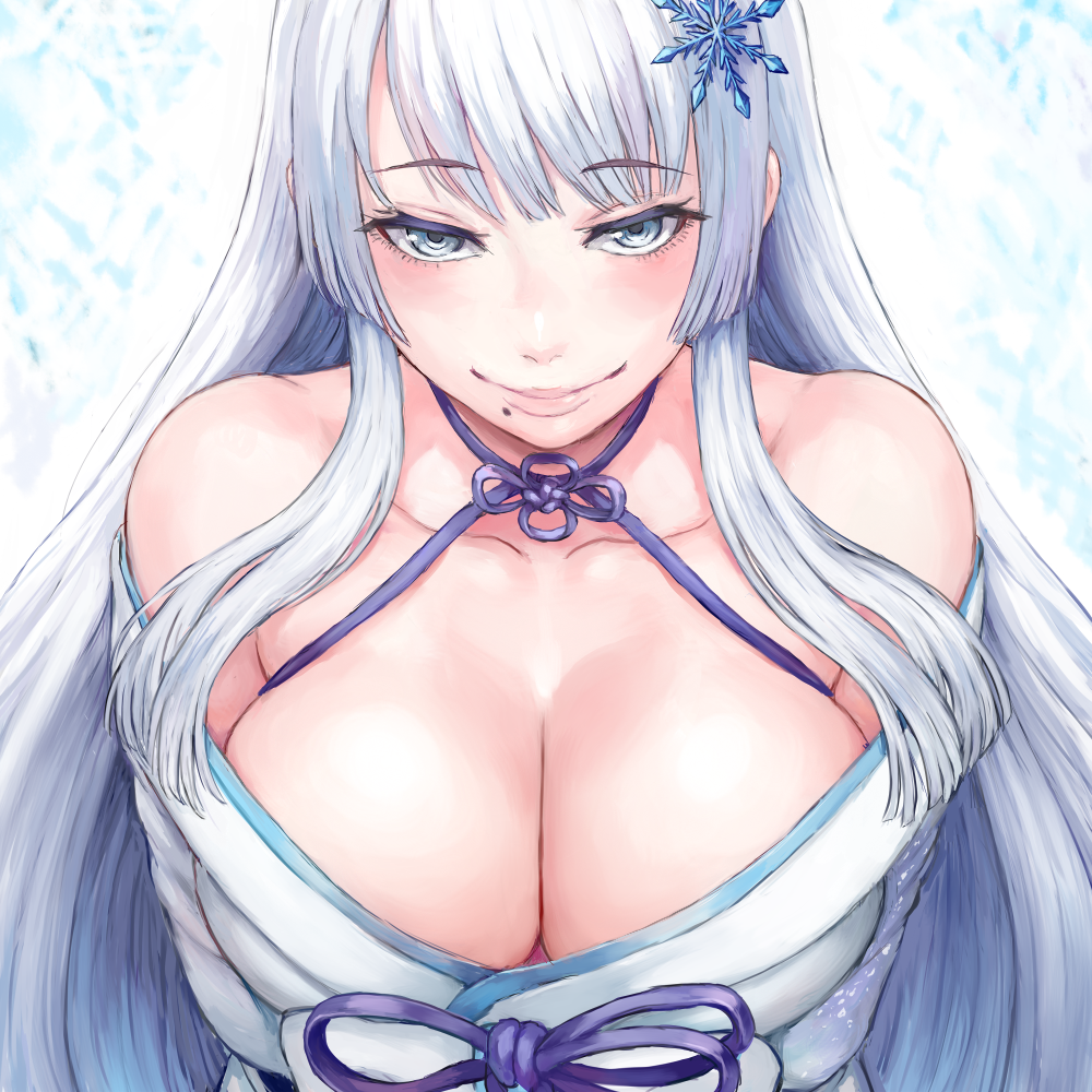 1girl, bare_shoulders, blue_eyes, blush, breasts, cleavage, closed_mouth, collarbone