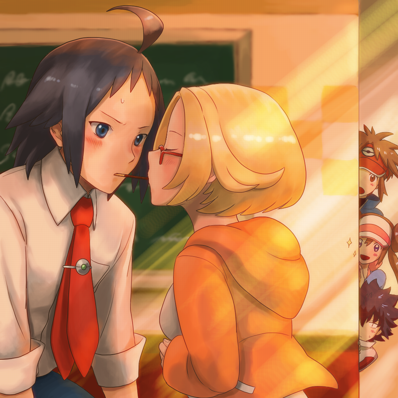 2girls, bad_id, bad_pixiv_id, baseball_cap, bianca_(pokemon), black_hair, blonde_hair, brown_hair