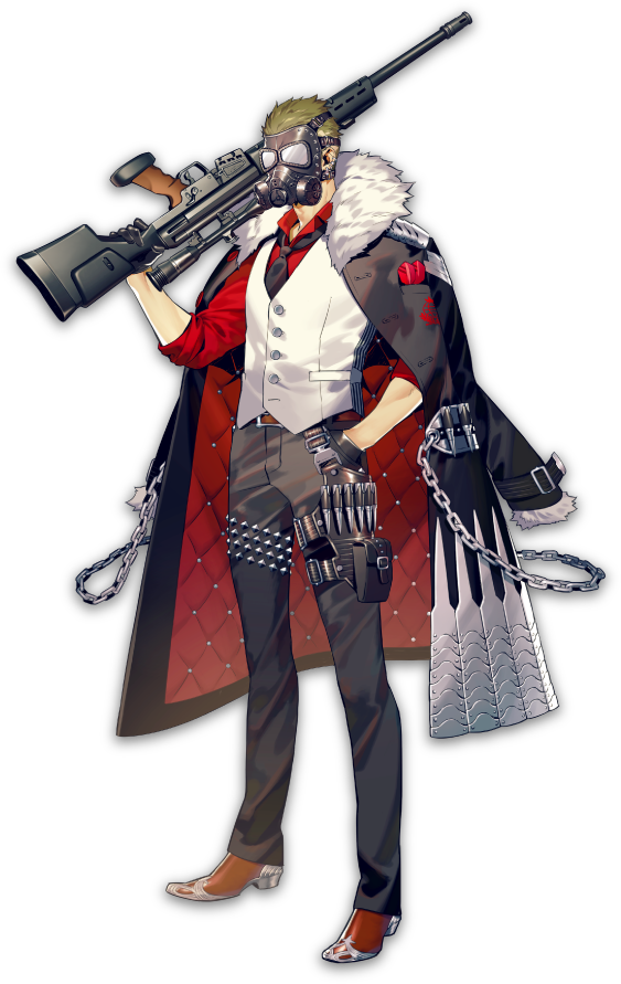 1boy, ammunition, black_gloves, cartridge, chain, coat, dress_shirt, eins_(senjuushi), full_body, fur_collar, fur_trim, gas_mask, gloves, gun, hand_in_pocket, holding, holding_gun, holding_weapon, jacket, jacket_on_shoulders, kazuki_yone, male_focus, mask, necktie, official_art, over_shoulder, senjuushi:_the_thousand_noble_musketeers, senjuushi_(series), shirt, short_hair, sleeves_rolled_up, solo, tachi-e, transparent_background, vest, waistcoat, weapon, weapon_over_shoulder