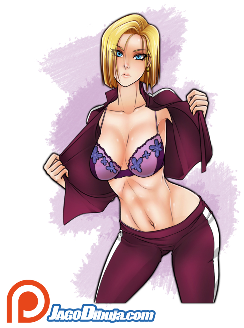 1girl, android_18, artist_name, blonde_hair, blue_eyes, bra, breasts, cleavage