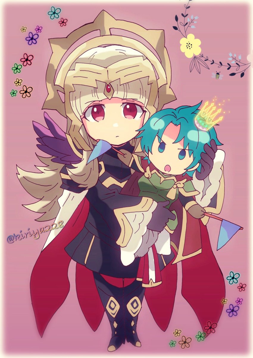 1boy, 1girl, armor, blue_eyes, blue_hair, cape, chibi, crown