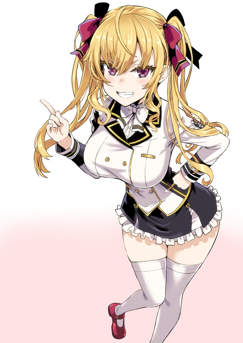 1girl, asanagi, black_skirt, blonde_hair, bow, breasts, clenched_hand, collared_shirt