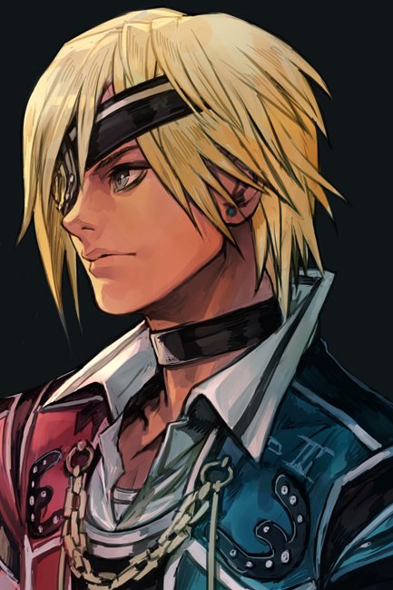 1boy, black_background, blonde_hair, choker, closed_mouth, david_nassau, earrings, headband