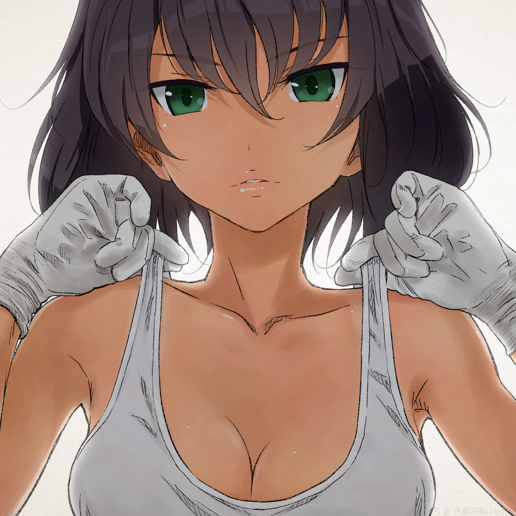 10s, 1girl, adjusting_shirt, akagi_(fmttps), armpits, breasts, brown_hair, cleavage, closed_mouth, commentary, dark-skinned_female, dark_skin, female_focus, girls_und_panzer, gloves, green_eyes, hoshino_(girls_und_panzer), lips, looking_at_viewer, mechanic, medium_breasts, portrait, shirt, short_hair, simple_background, solo, tank_top, twitter_username, white_background, white_gloves, white_shirt