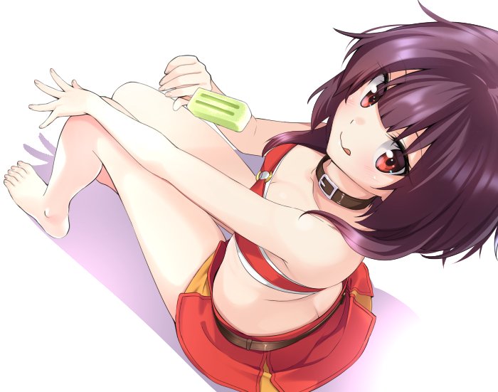 1girl, alternate_costume, bandeau, barefoot, bikini, black_hair, blush, butt_crack