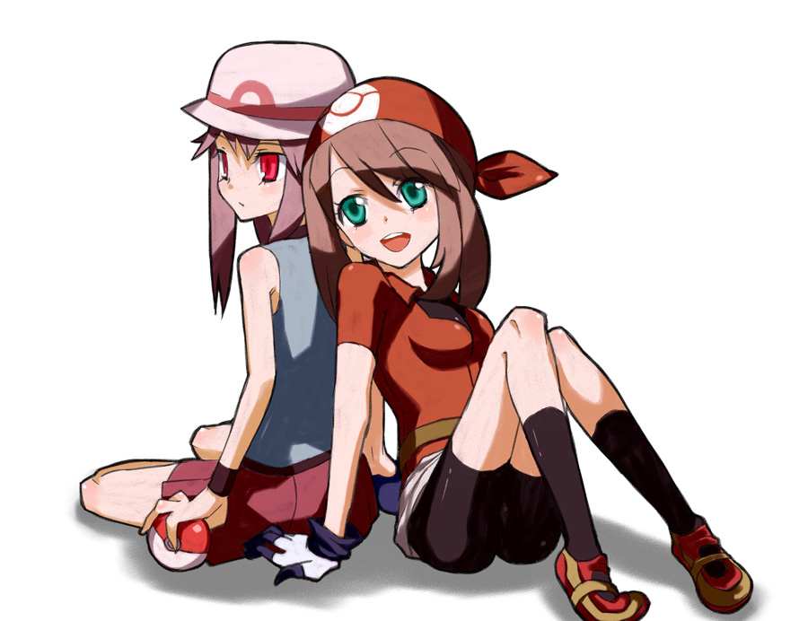 00s, 2girls, bandana, bare_shoulders, bike_shorts, brown_hair, gloves, green_eyes, hat, holding, holding_poke_ball, latex, leaf_(pokemon), may_(pokemon), multiple_girls, nintendo, poke_ball, poke_ball_(basic), pokemon, pokemon_firered_and_leafgreen, pokemon_ruby/sapphire/emerald, porkpie_hat, red_eyes, sitting, skirt, smile, socks, tank_(artist), wristband