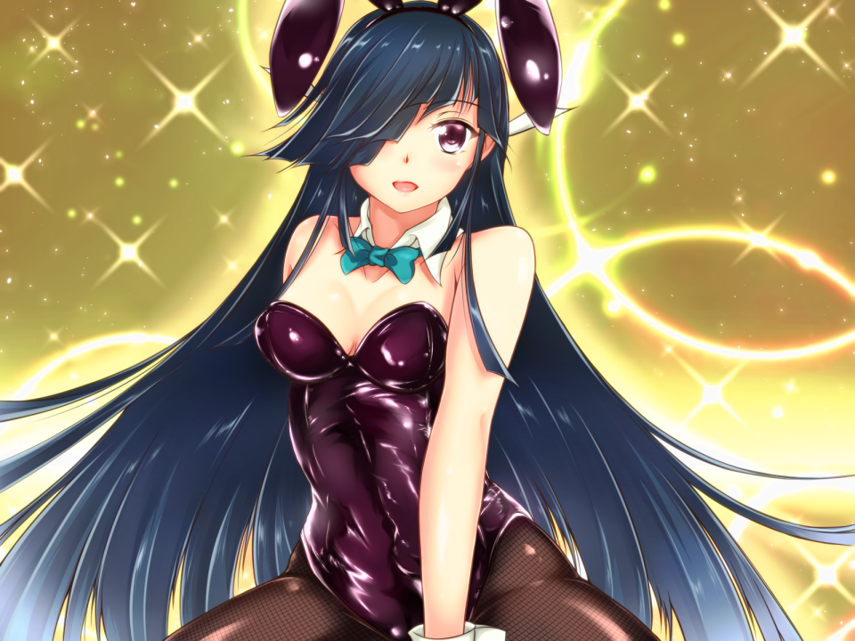 adapted_costume, animal_ears, aqua_bow, aqua_bowtie, black_hair, bow, bowtie, breasts