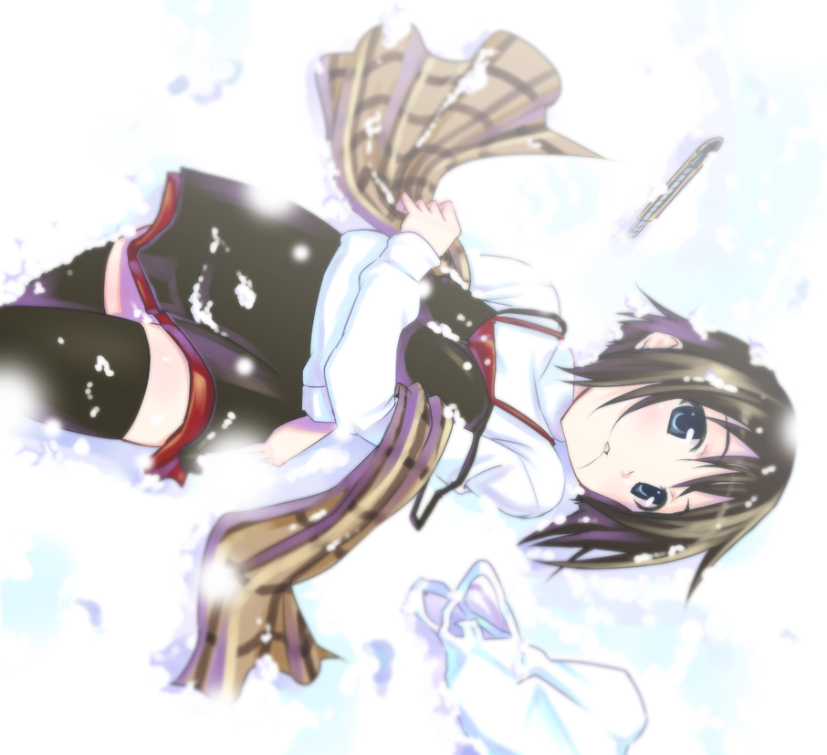 bag, black_thighhighs, blue_eyes, boxcutter, brown_hair, futari_no_ana, kanon, lying