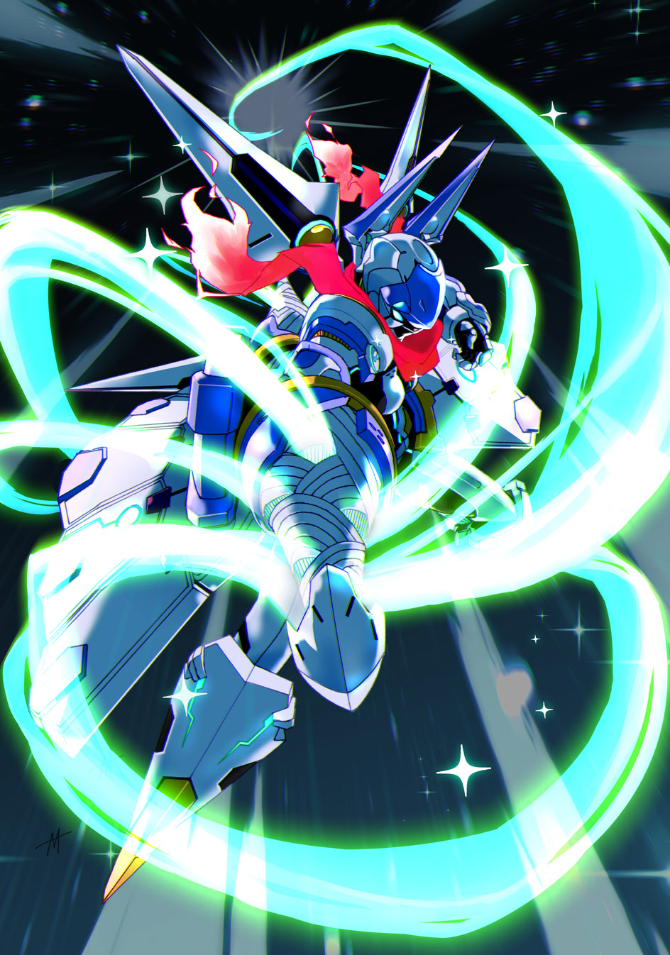 1girl, armor, artoria_pendragon_(fate), bodysuit, breasts, fate/grand_order, fate_(series), graphite_(medium), highres, mecha, mecha_musume, mechabare, mechanical_arms, mechanical_legs, mechanical_wings, mysterious_heroine_x_(fate), mysterious_heroine_xx_(fate), mysterious_heroine_xx_(first_ascension)_(fate), power_armor, power_suit, robot, scarf, space, star_(sky), tatuya3363, traditional_media, twinmyniad_(fate), wings