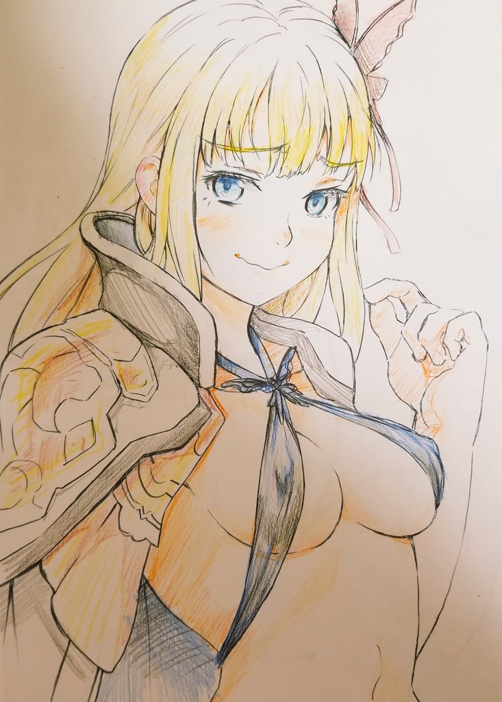 1girl, another_eden, bikini, blonde_hair, blue_eyes, breasts, character_request, cleavage, commentary_request, covered_erect_nipples, female_focus, halterneck, isuka_(another_eden), long_hair, looking_at_viewer, micro_bikini, nervous_smile, shimura_(hosshi), simple_background, smile, solo, swimsuit, wavy_mouth