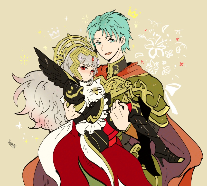 1boy, 1girl, armor, armored_boots, artist_name, bird, black_armor, blue_eyes, boots, cape, carrying, crown, ephraim_(fire_emblem), ephraim_(sacred_twin_lord)_(fire_emblem), feh_(fire_emblem_heroes), fire_emblem, fire_emblem:_the_sacred_stones, fire_emblem_heroes, green_hair, grey_hair, hair_ornament, high_heels, long_hair, long_sleeves, nintendo, open_mouth, owl, princess_carry, red_cape, red_eyes, sasaki_(dkenpisss), short_hair, shoulder_armor, veronica_(brave_princess)_(fire_emblem), veronica_(fire_emblem)