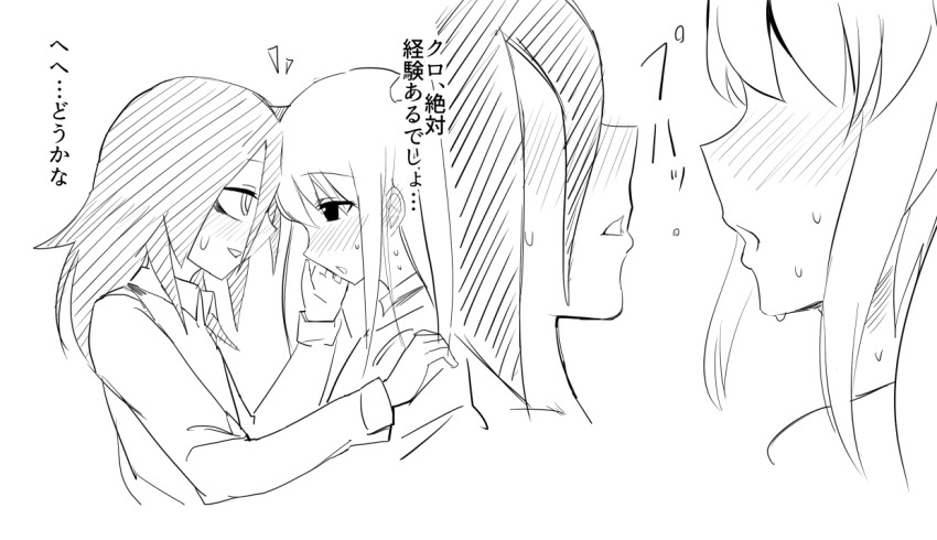 2girls, bags_under_eyes, blush, cyber_dragon-kun, dress_shirt, from_side, greyscale, hair_between_eyes